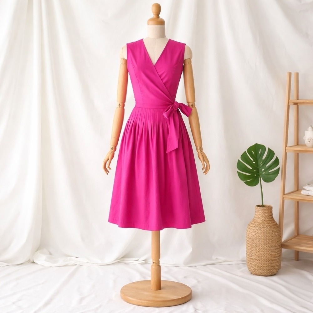 Sandro Paris Fuchsia Wrap Dress Pleated Skirt‎ Pockets Size 12 Preppy Chic